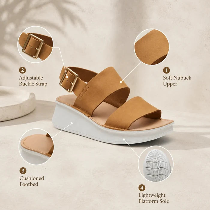 Light tan nubuck sandal with adjustable buckle strap, cushioned footbed, lightweight platform