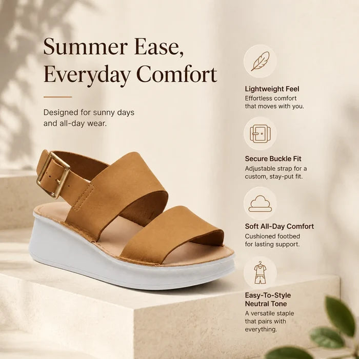 Light tan nubuck platform sandals with two wide straps and buckle closure