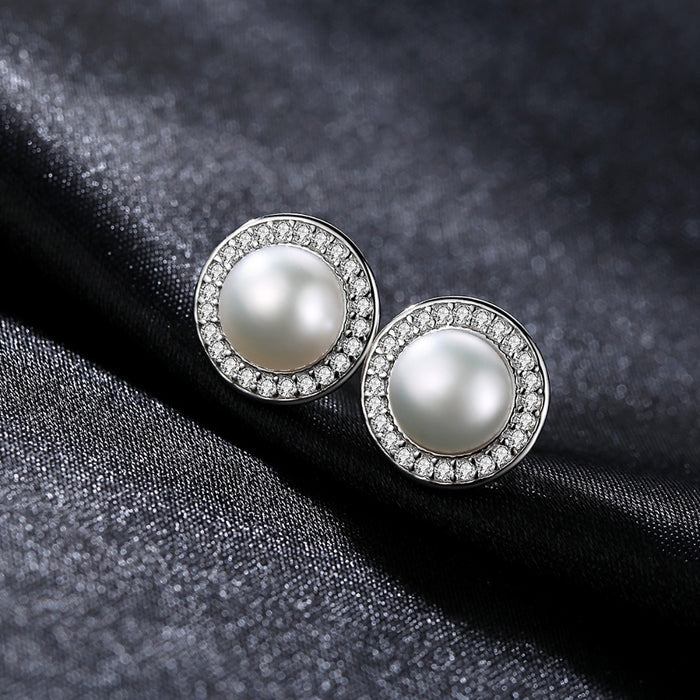Classic Halo Stud Natural Pearl & CZ Earrings For Brides - The Wedding Garter