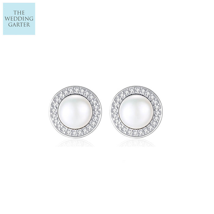 Classic Halo Stud Natural Pearl & CZ Earrings For Brides - The Wedding Garter