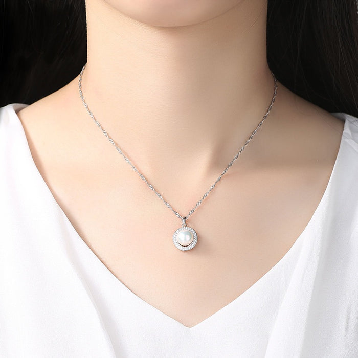 Classic Halo Style Natural Pearl & CZ Diamond Necklace - The Wedding Garter