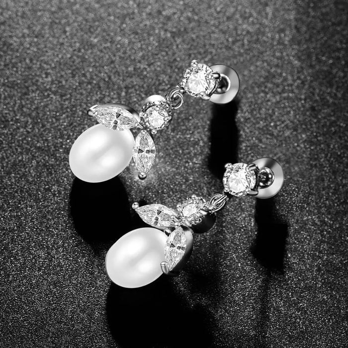 Classic Real Pearl & CZ Diamond Drop Earrings For Brides - The Wedding Garter