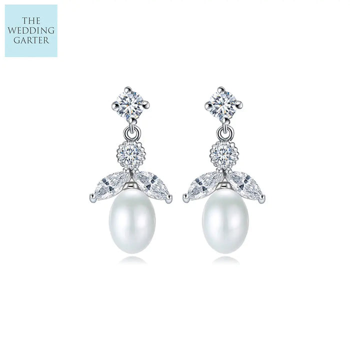 Classic Real Pearl & CZ Diamond Drop Earrings For Brides - The Wedding Garter