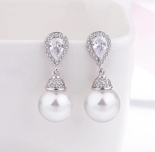 Classic White Pearl & CZ Diamond Drop Earrings - The Wedding Garter