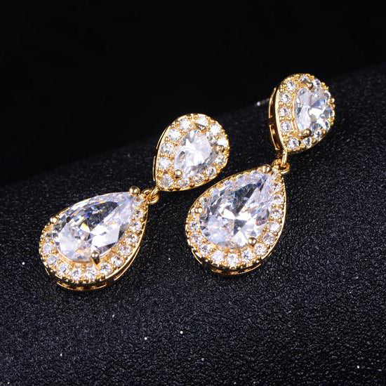 Classic Womens CZ Diamond Gold Drop Earrings - The Wedding Garter