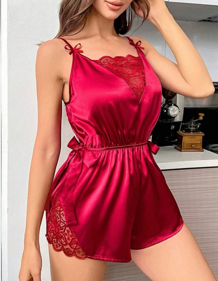 Contrast Lace Tie Side Satin Cami Sleep Romper