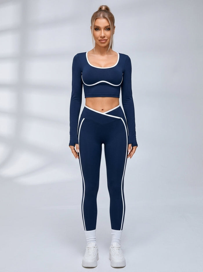 Contrast Piping U Back Long Sleeve Fitness Set