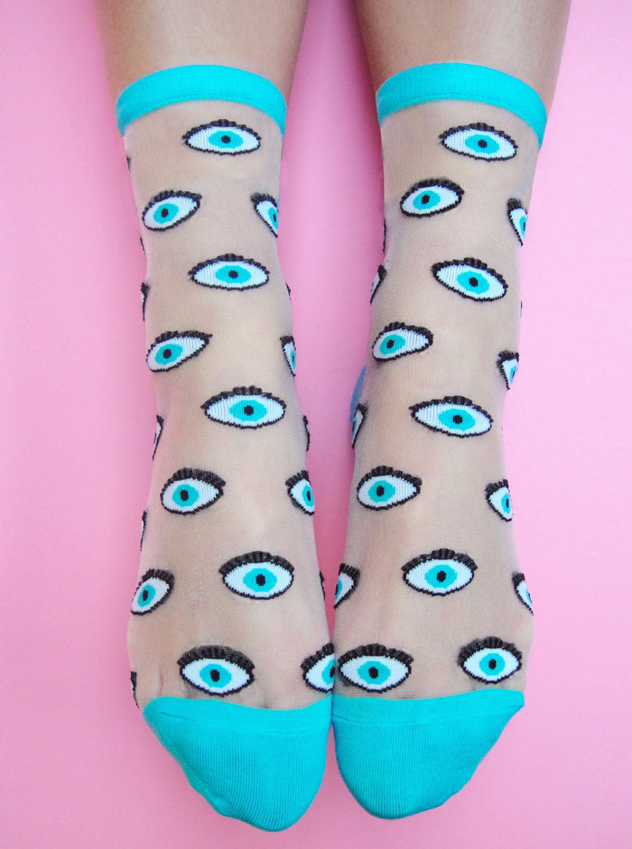 COUCOU SUZETTE Chaussettes Transparentes - Oeil Bleu, parfaite idée de cadeau pour femme.