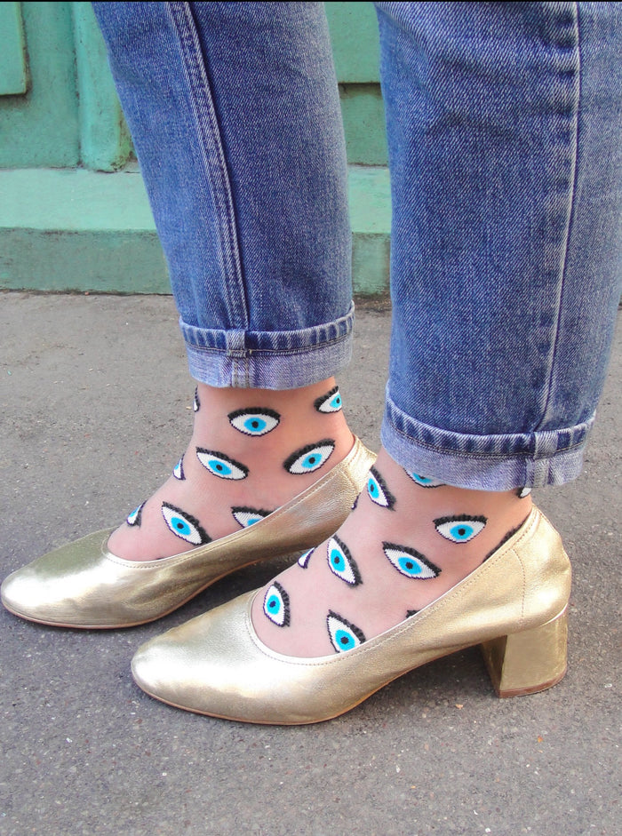 COUCOU SUZETTE Chaussettes Transparentes - Oeil Bleu, parfaite idée de cadeau pour femme.