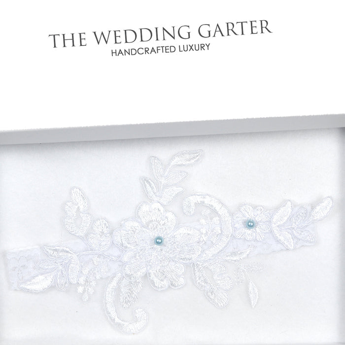 white lace applique brides garter