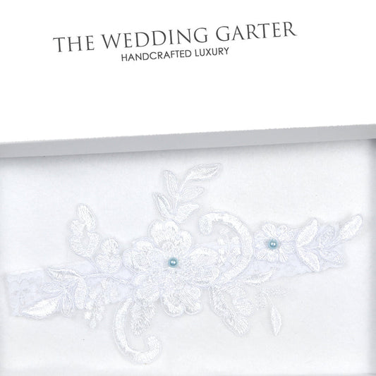 white lace applique brides garter