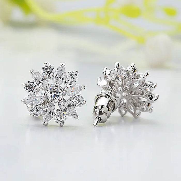 Cubic Zirconia Diamond Flower Silver Stud Earrings For Bridesmaid - The Wedding Garter