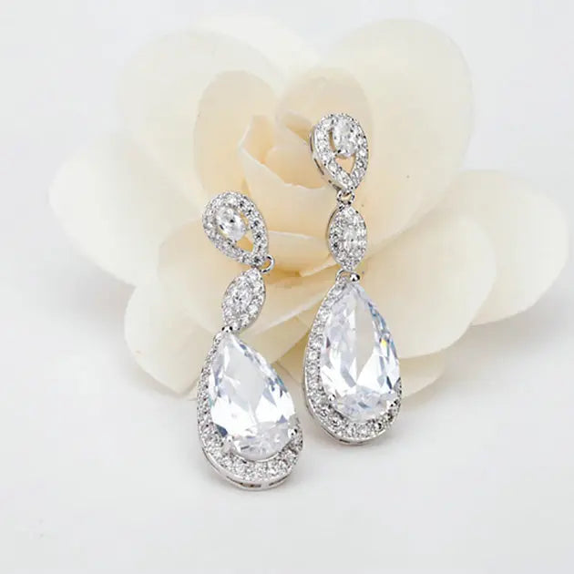 Cubic Zirconia Diamond Long Waterdrop Bridal Earrings - The Wedding Garter
