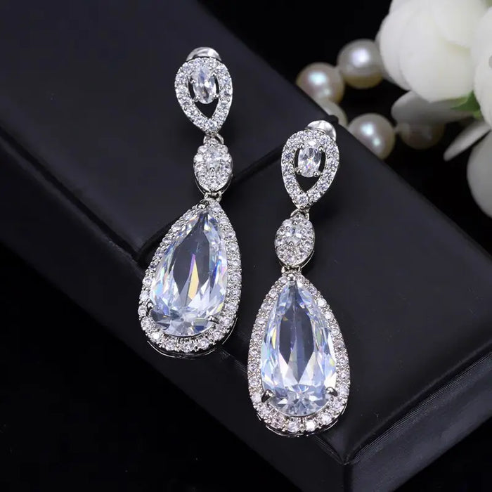 Cubic Zirconia Diamond Long Waterdrop Bridal Earrings - The Wedding Garter