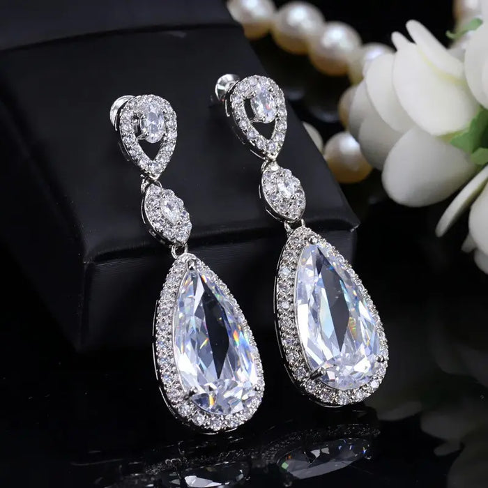 Cubic Zirconia Diamond Long Waterdrop Bridal Earrings - The Wedding Garter