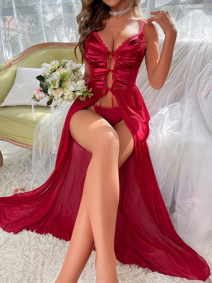 Cut Out Tie Front Mesh Slips With Thong