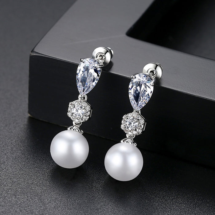 CZ Crystal & Pearl Drop Earrings for Brides - The Wedding Garter