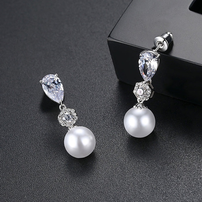 CZ Crystal & Pearl Drop Earrings for Brides - The Wedding Garter