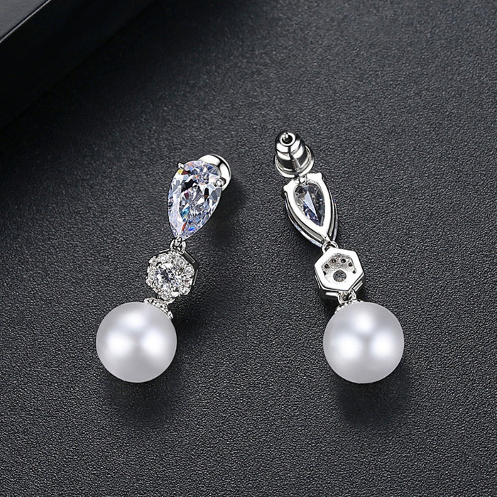 CZ Crystal & Pearl Drop Earrings for Brides - The Wedding Garter