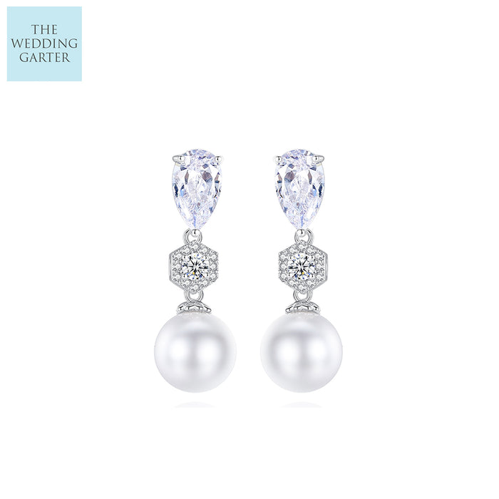 CZ Crystal & Pearl Drop Earrings for Brides - The Wedding Garter