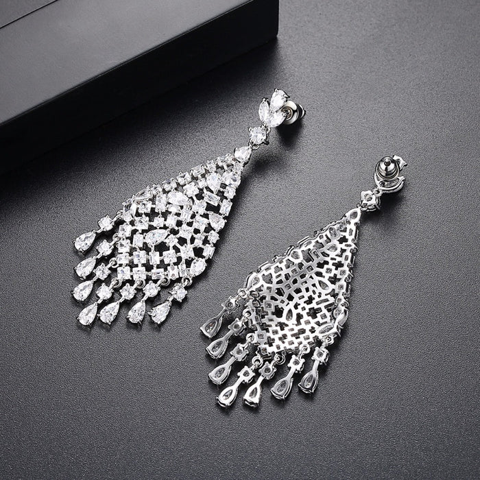 CZ Teardrop Tassel Dangle Wedding Earrings For Brides - The Wedding Garter