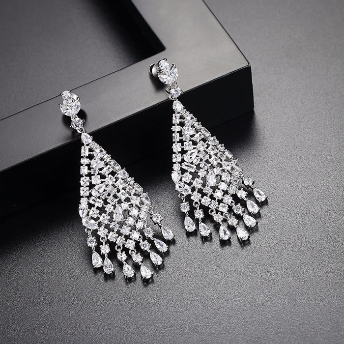 CZ Teardrop Tassel Dangle Wedding Earrings For Brides - The Wedding Garter