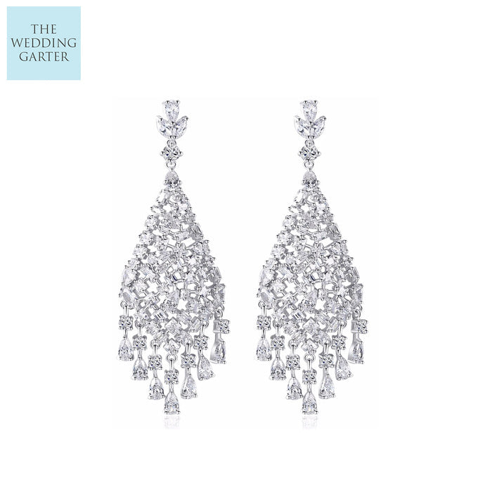 CZ Teardrop Tassel Dangle Wedding Earrings For Brides - The Wedding Garter