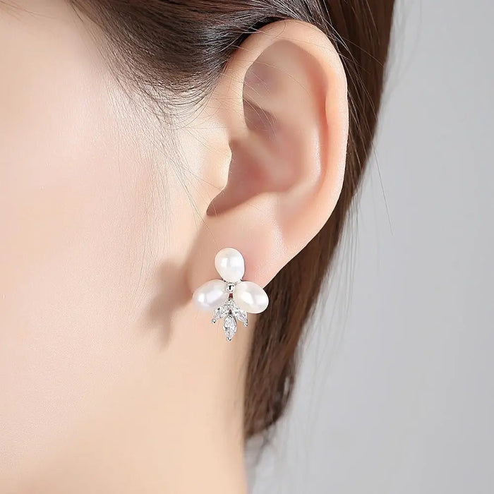 Dainty Freshwater Pearl & CZ Diamond Stud Wedding Earrings - The Wedding Garter