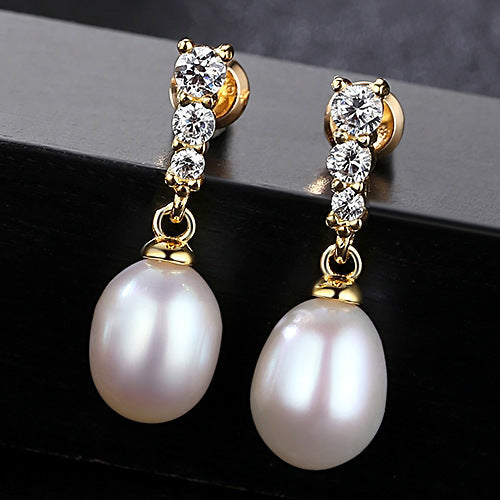 Dainty Pink Real Pearl & Gold CZ Diamond Bridal Earrings - The Wedding Garter