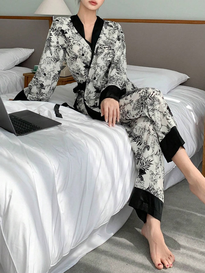 DAZY Floral Print Contrast Trim Knot Side PJ Set