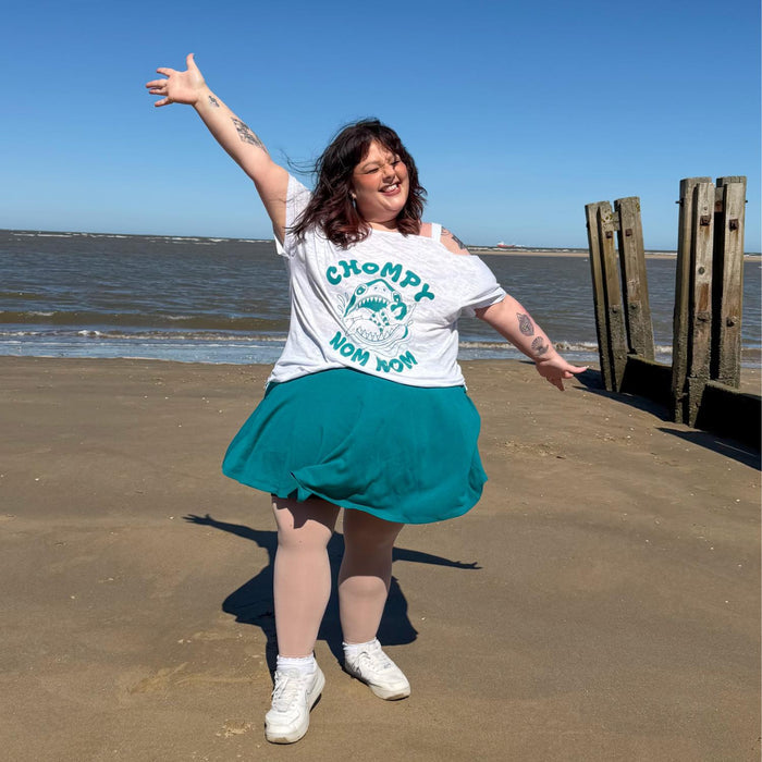 Debbie Off-Shoulder Tee - Chompy Shark Print