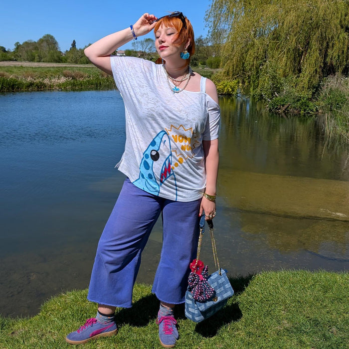 Debbie Off-Shoulder Tee - NOM-NOM Shark Print