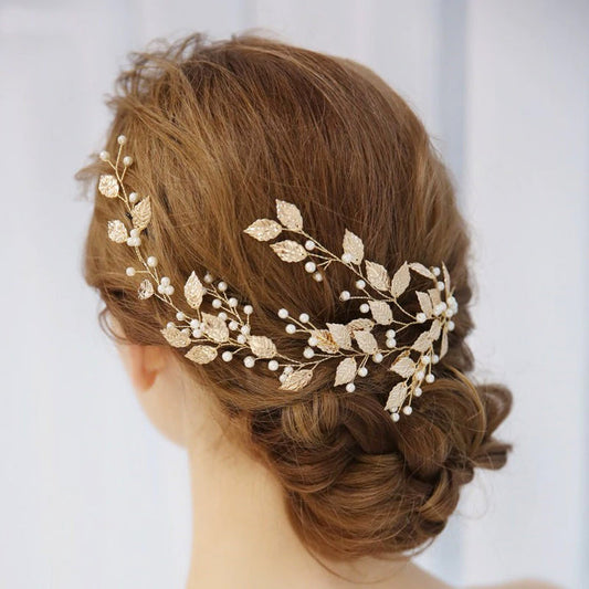 Delicate Gold Leaf Hair Vine With Pearls - The Wedding Garter