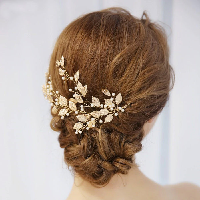 Delicate Gold Leaf Hair Vine With Pearls - The Wedding Garter