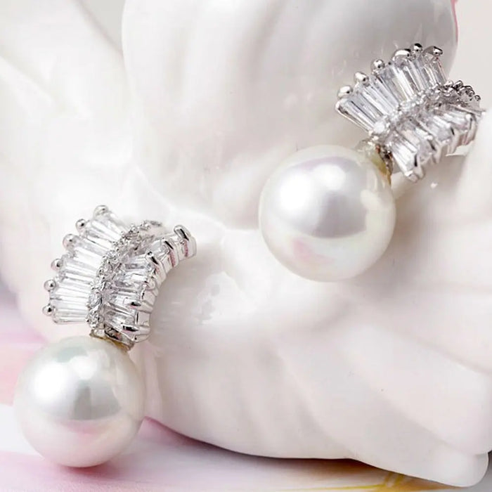 Delicate Ladies Pearl & Cubic Zirconia Stud Bridal Earrings - The Wedding Garter