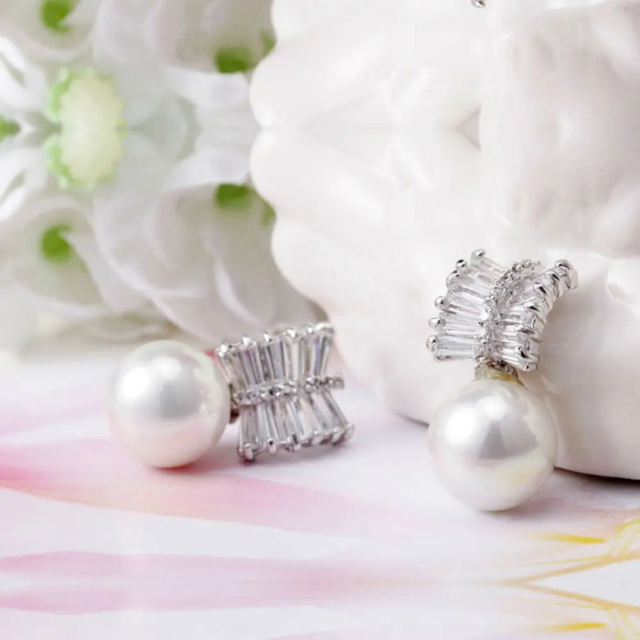 Delicate Ladies Pearl & Cubic Zirconia Stud Bridal Earrings - The Wedding Garter