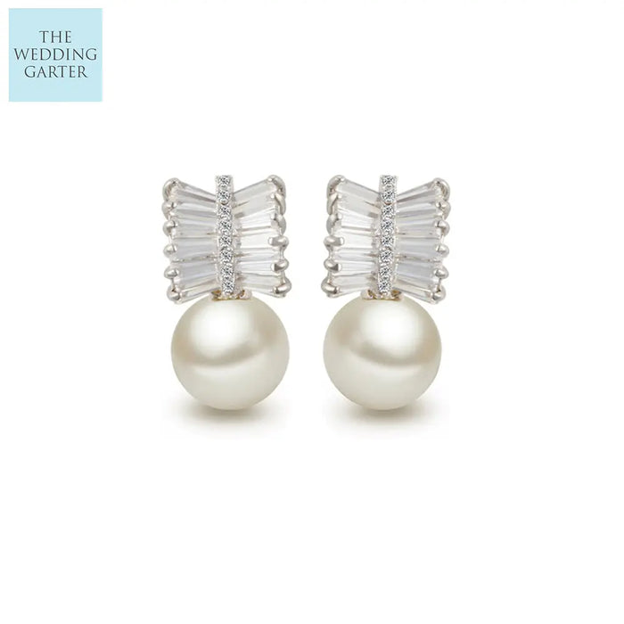 Delicate Ladies Pearl & Cubic Zirconia Stud Bridal Earrings - The Wedding Garter