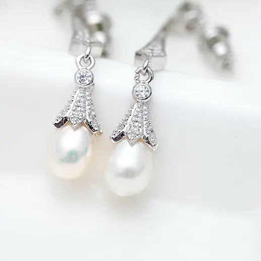 Delicate Long Drop Pearl & CZ Earrings For Wedding - The Wedding Garter