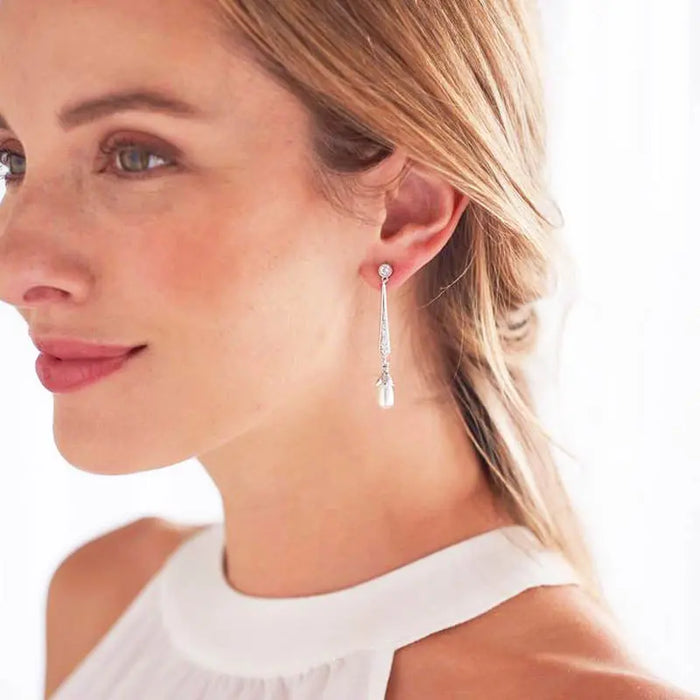 Delicate Long Drop Pearl & CZ Earrings For Wedding - The Wedding Garter