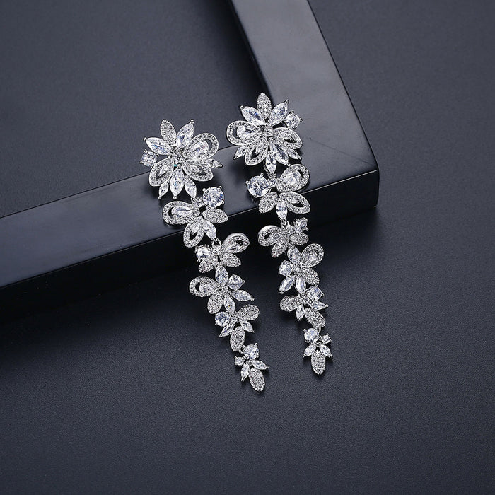 Delicate Long Floral Crystal Wedding Earrings - The Wedding Garter