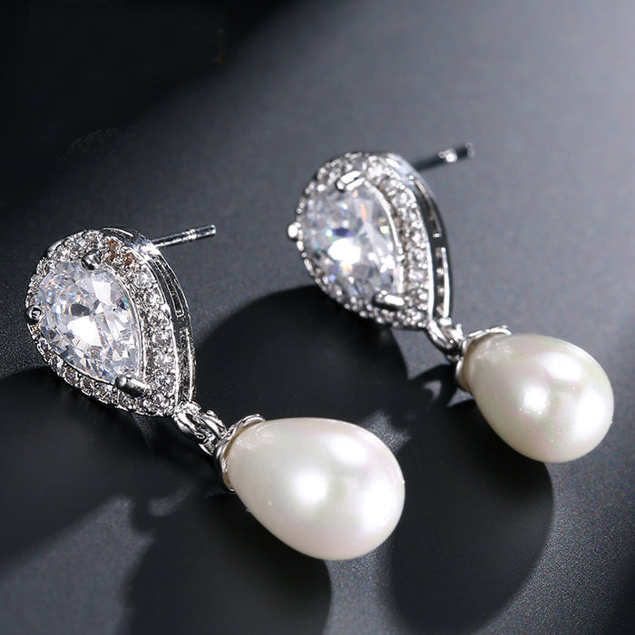 Delicate Luxury Water Drop Pearl & CZ Wedding Earrings (3 Colours) - The Wedding Garter