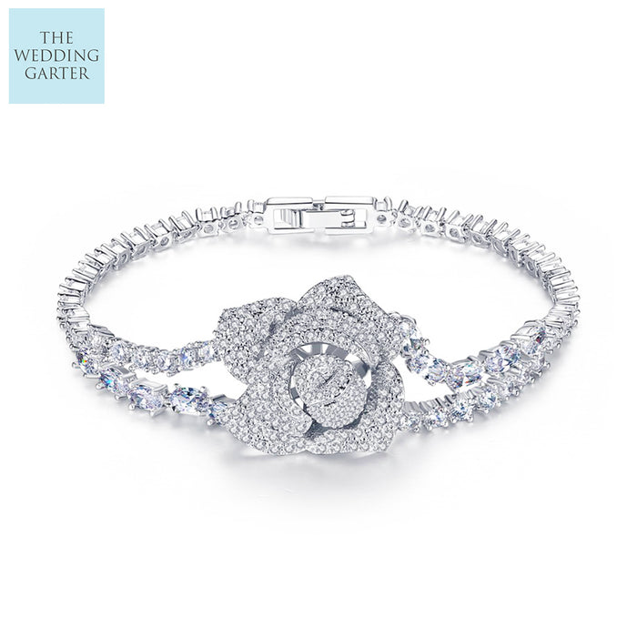 Delicate Rose Design Cubic Zirconia Tennis Bracelet - The Wedding Garter