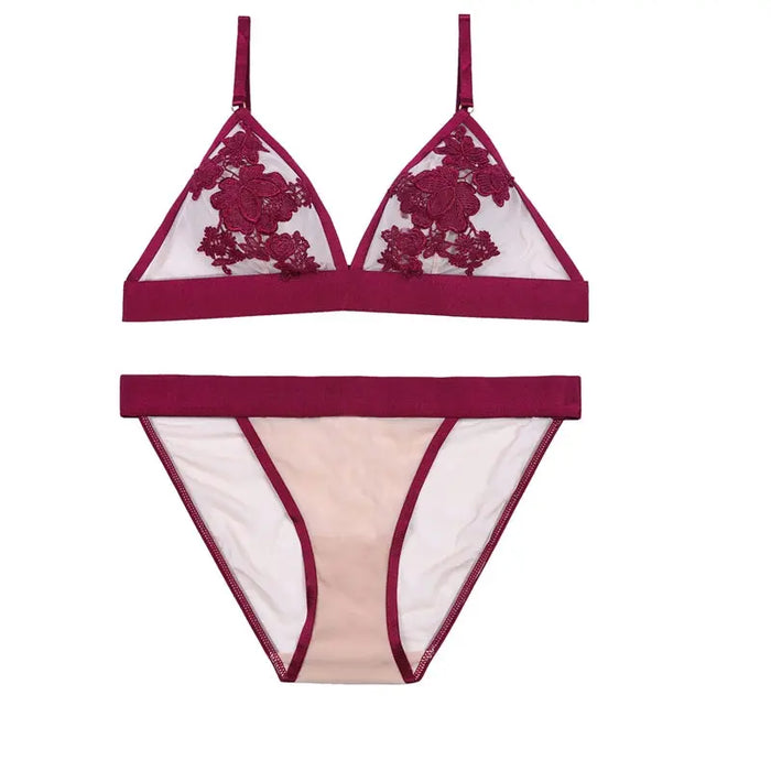 Delicate Sheer Nude Mesh & Red Lace Applique Wire Free Bra Set - The Wedding Garter