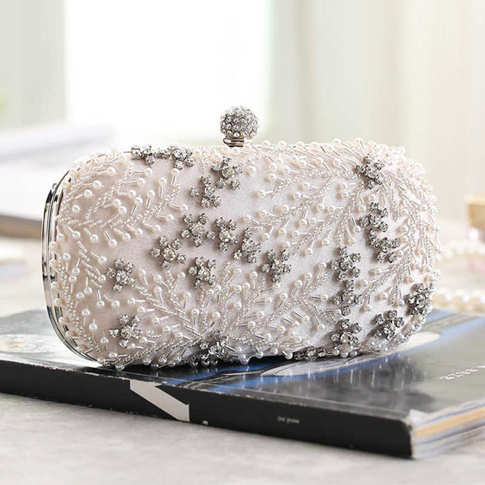 Delicate Silver Satin Rhinestone & Pearl Clutch - The Wedding Garter