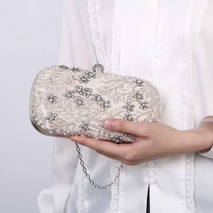 Delicate Silver Satin Rhinestone & Pearl Clutch - The Wedding Garter