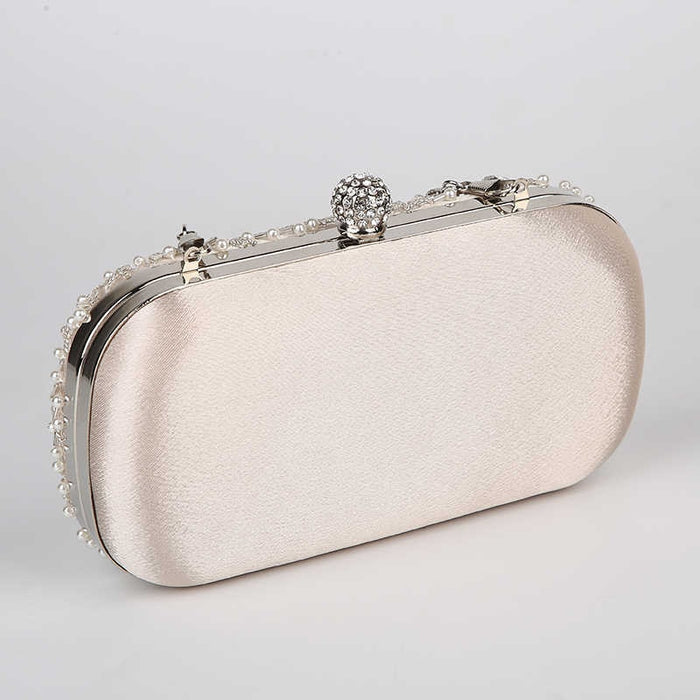 Delicate Silver Satin Rhinestone & Pearl Clutch - The Wedding Garter