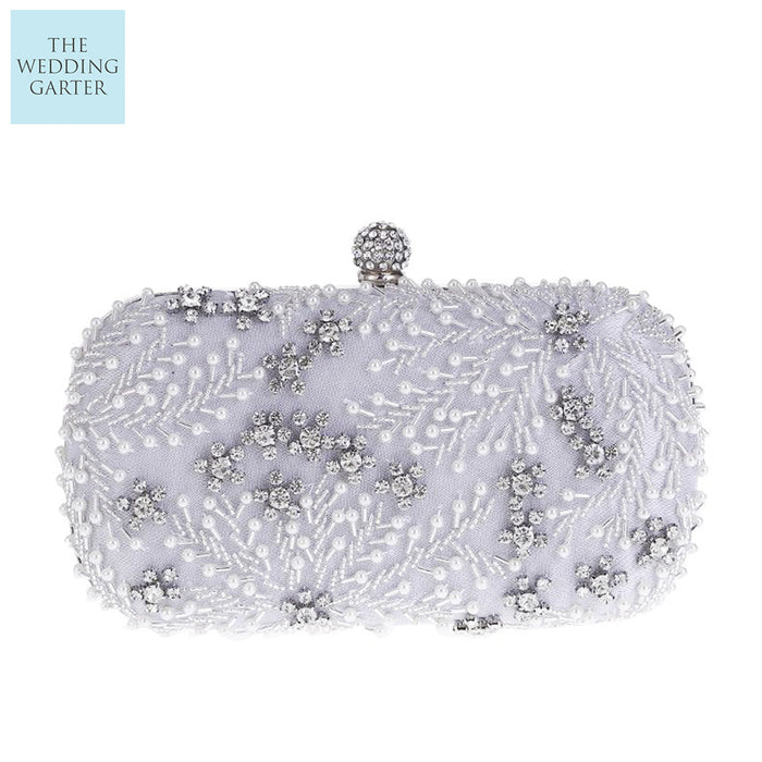 Delicate Silver Satin Rhinestone & Pearl Clutch - The Wedding Garter