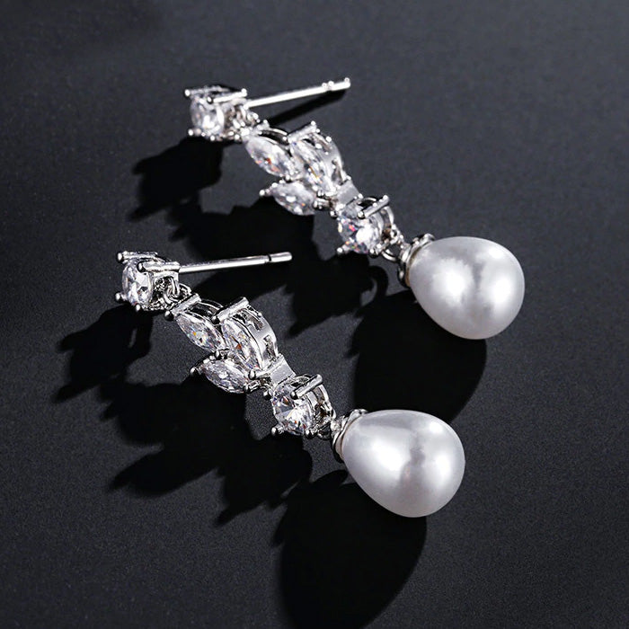 Delicate White Pearl & CZ Silver Drop Earrings - The Wedding Garter