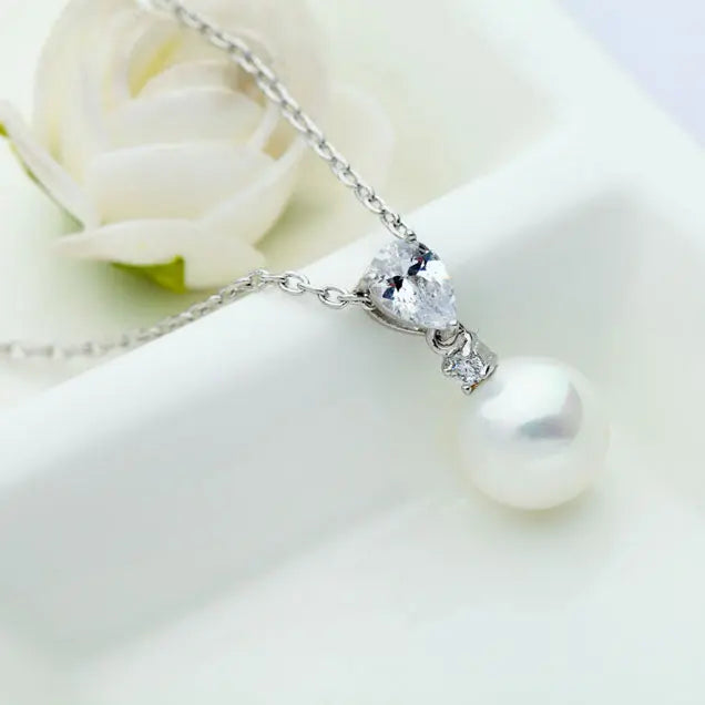 Delicate Women's Cubic Zirconia & Pearl Pendant Drop Necklace - The Wedding Garter