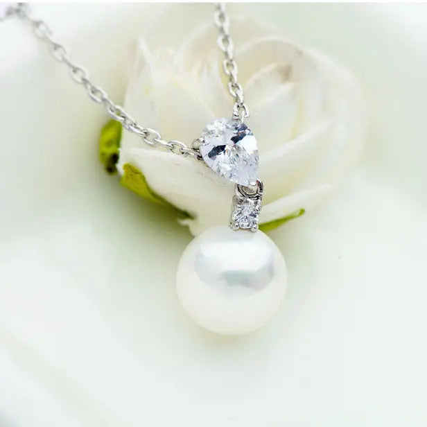 Delicate Women's Cubic Zirconia & Pearl Pendant Drop Necklace - The Wedding Garter